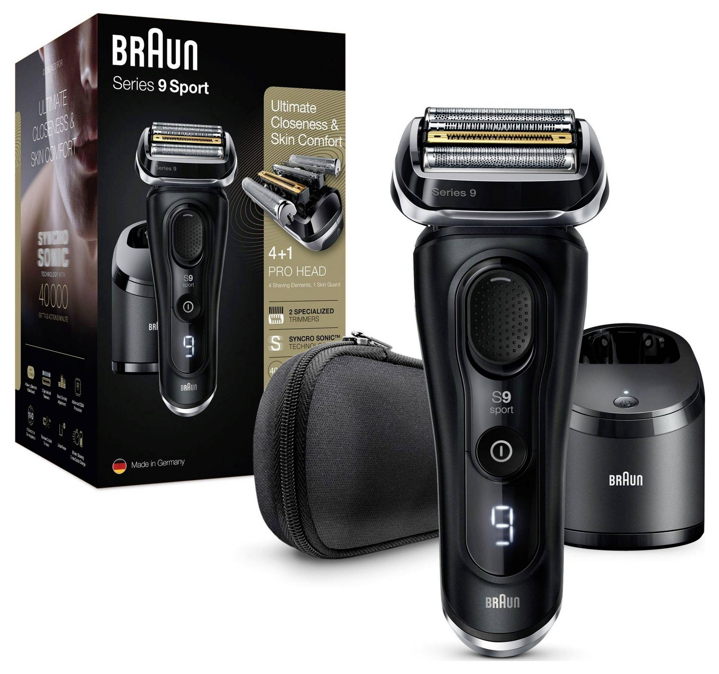 Braun Series 9 Sport elektrisch scheerapparaat set met tas, reinigingsstation en productdoos.