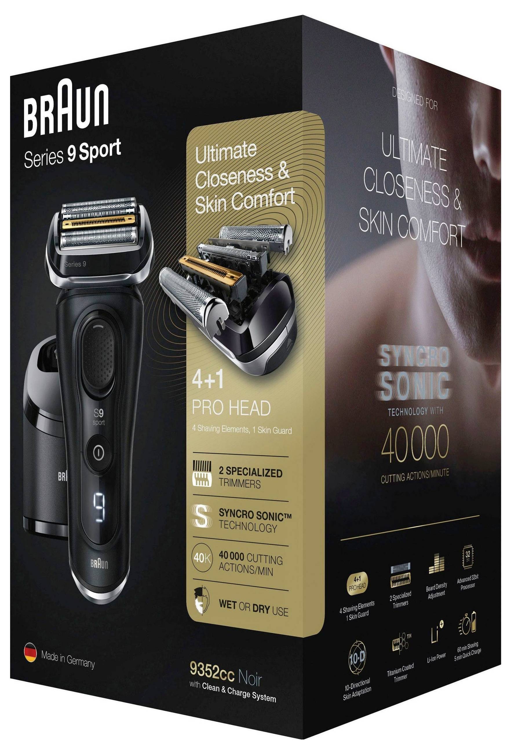 Verpakking voor Braun Series 9 Sport elektrisch scheerapparaat, met het scheerapparaat en 'Ultimate Closeness & Skin Comfort', '4+1 Pro Head', en 'SyncroSonic Technology 40.000 snijbewegingen/min'.