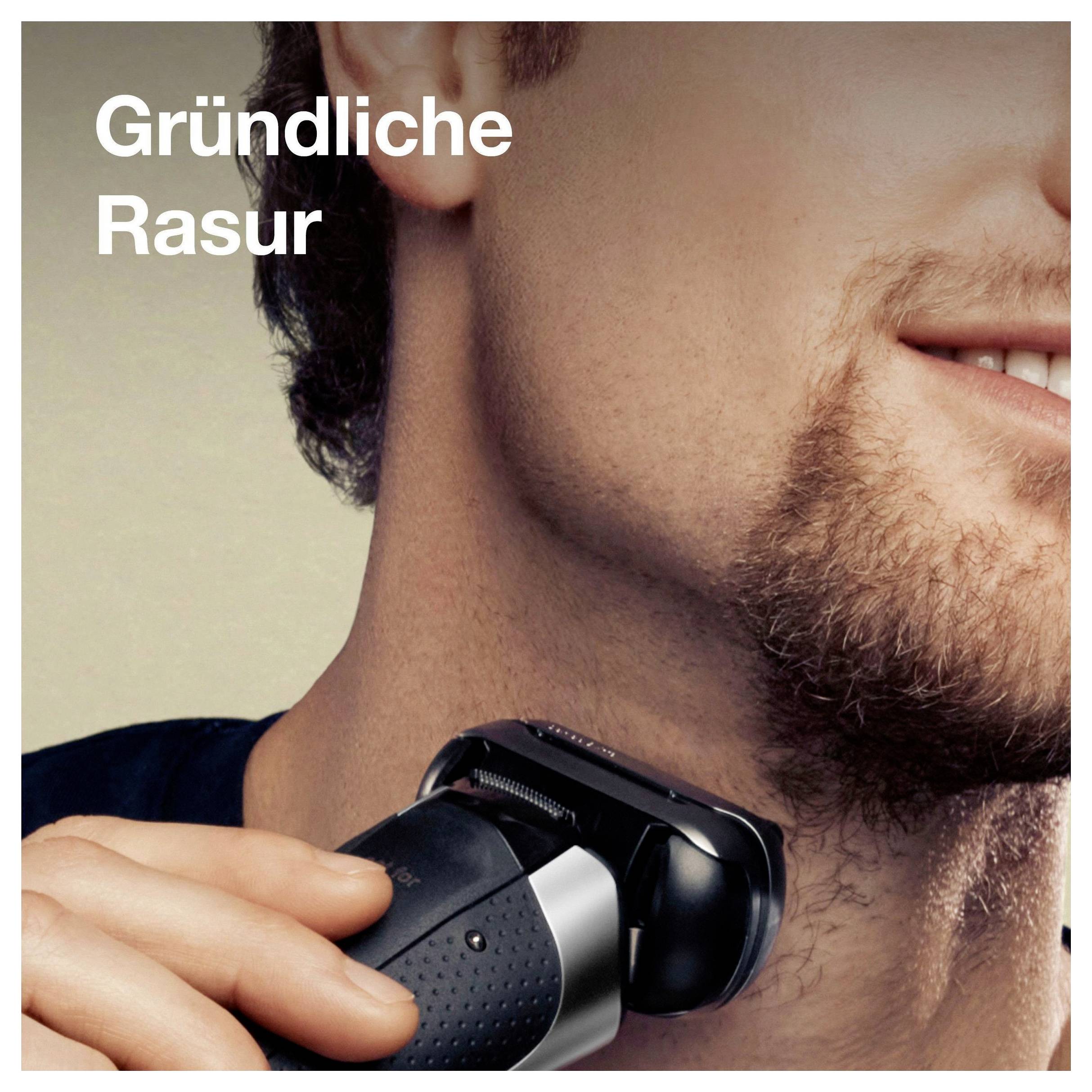 Close-up van een man die een elektrisch scheerapparaat op zijn nek gebruikt, met de tekst 'Gründliche Rasur' die een nauw scheren aangeeft.