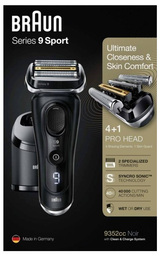 Braun Series 9 Sport elektrisch scheerapparaat advertentie, met afbeelding van het scheerapparaat en het scheerkopje, met tekst die 'Ultieme Scheeregelmaat & Hautverzorging' benadrukt, 4+1 pro-kopje, 40.000 snijbewegingen/min, nat en droog gebruik.