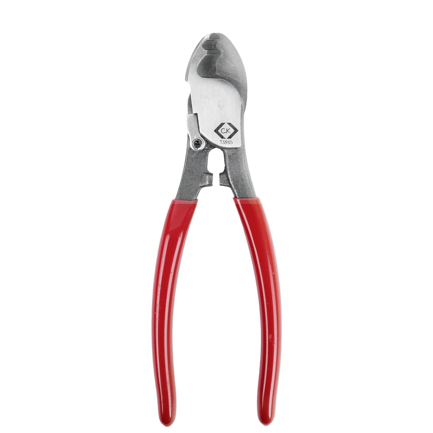 Kabelschaar of draadkniptang met rode handgreep en metalen kaken, weergegeven op een effen witte achtergrond.