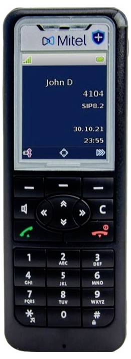 Mitel draadloze kantoortelefoon display met gebruiker John D, toestel 4104, SIP2, met datum 30.10.21 en tijd 23:55.