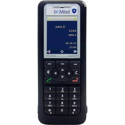 Een Mitel bureautelefoon met een inactief scherm voor John D met toestel 4104, SIP 2.0, datum 30.10.21 en tijd 23:55.