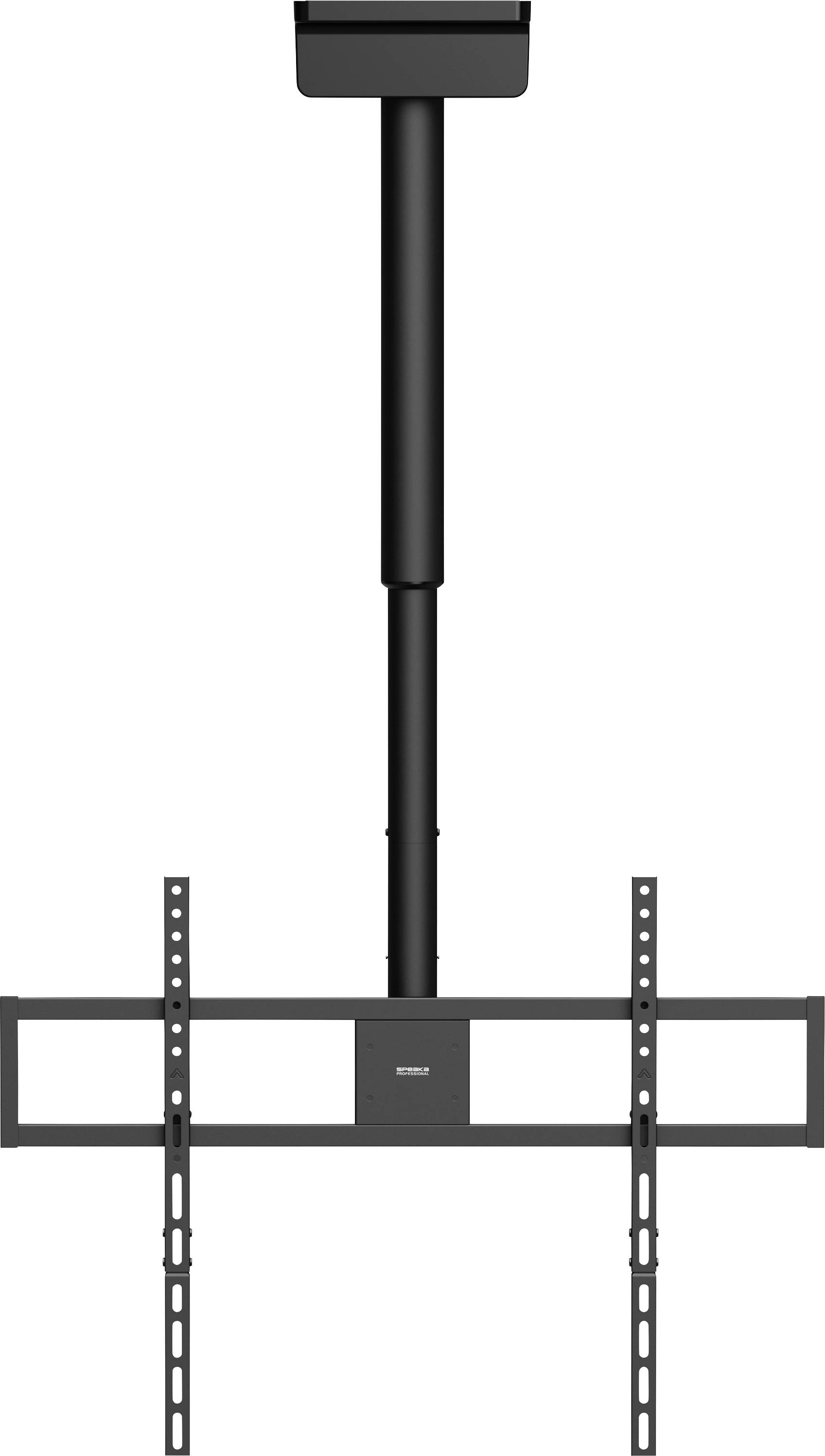 Verstelbare zwarte televisie-wandmontagebeugel met verticale ondersteuningspaal en horizontale beugelerarmen.