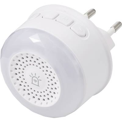 Witte insteekbare draadloze deurbel ontvanger met geperforeerde luidsprekerrooste en volumeknoppen op de bovenkant, weergegeven op een witte achtergrond.