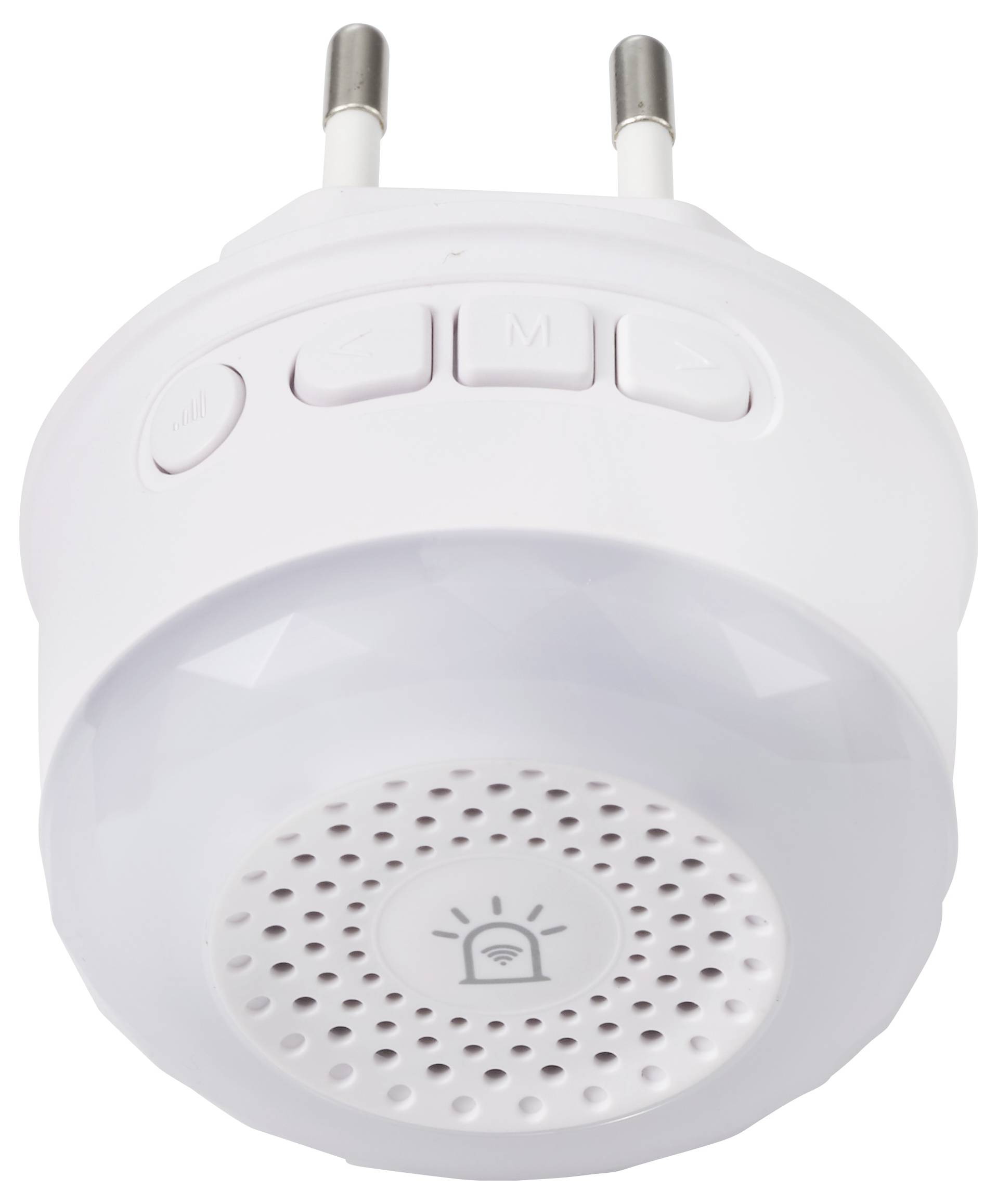 Witte plug-in draadloze deurbel met twee metalen pinnen en een geperforeerd spreker rooster met een bel pictogram aan de voorkant.