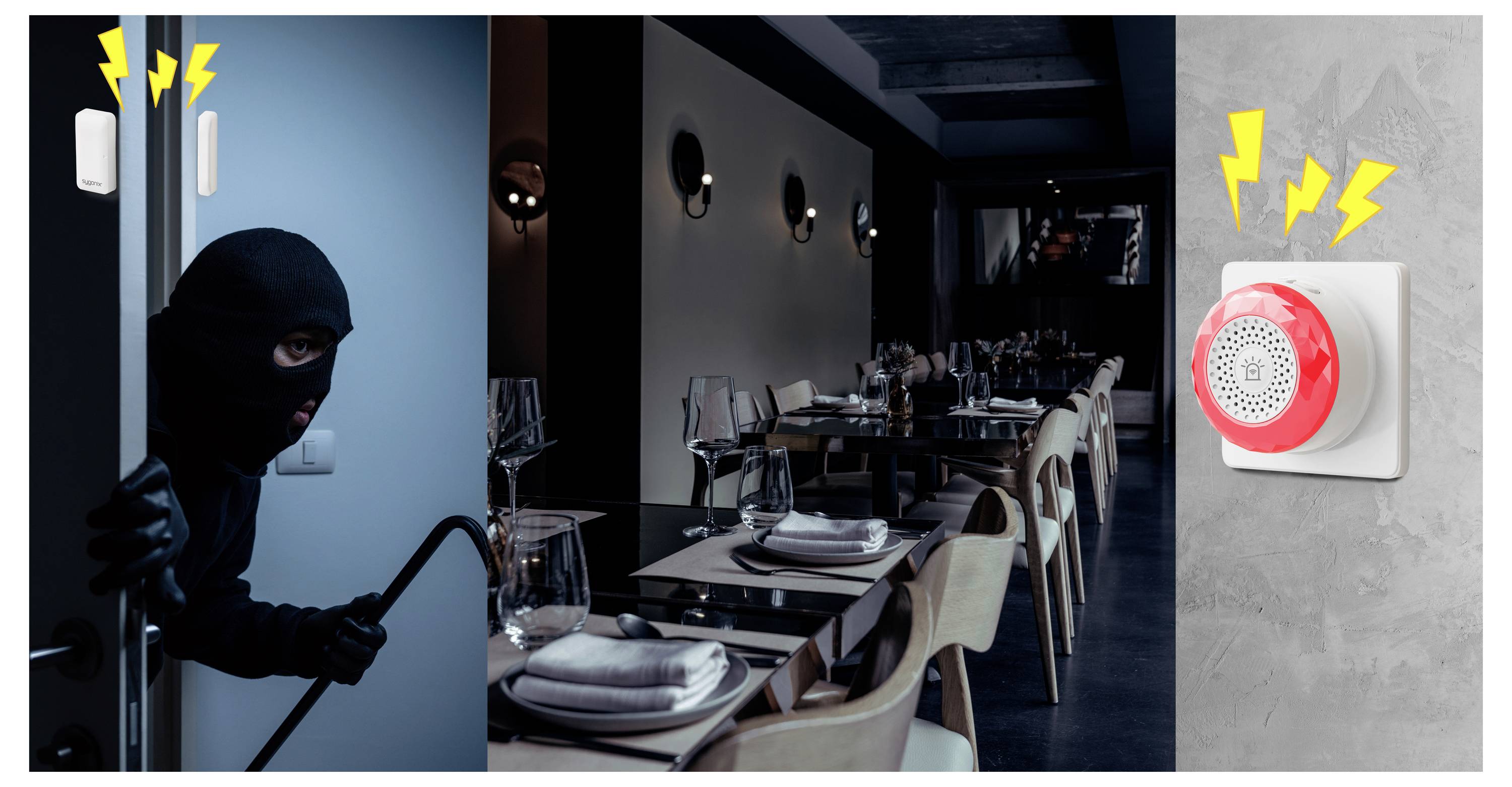 Een gemaskerde inbreker die een restaurant binnenkomt door een deur met een alarmsysteem dat afgaat, weergegeven naast een rood aan de muur gemonteerd alarm/waarschuwingsapparaat.
