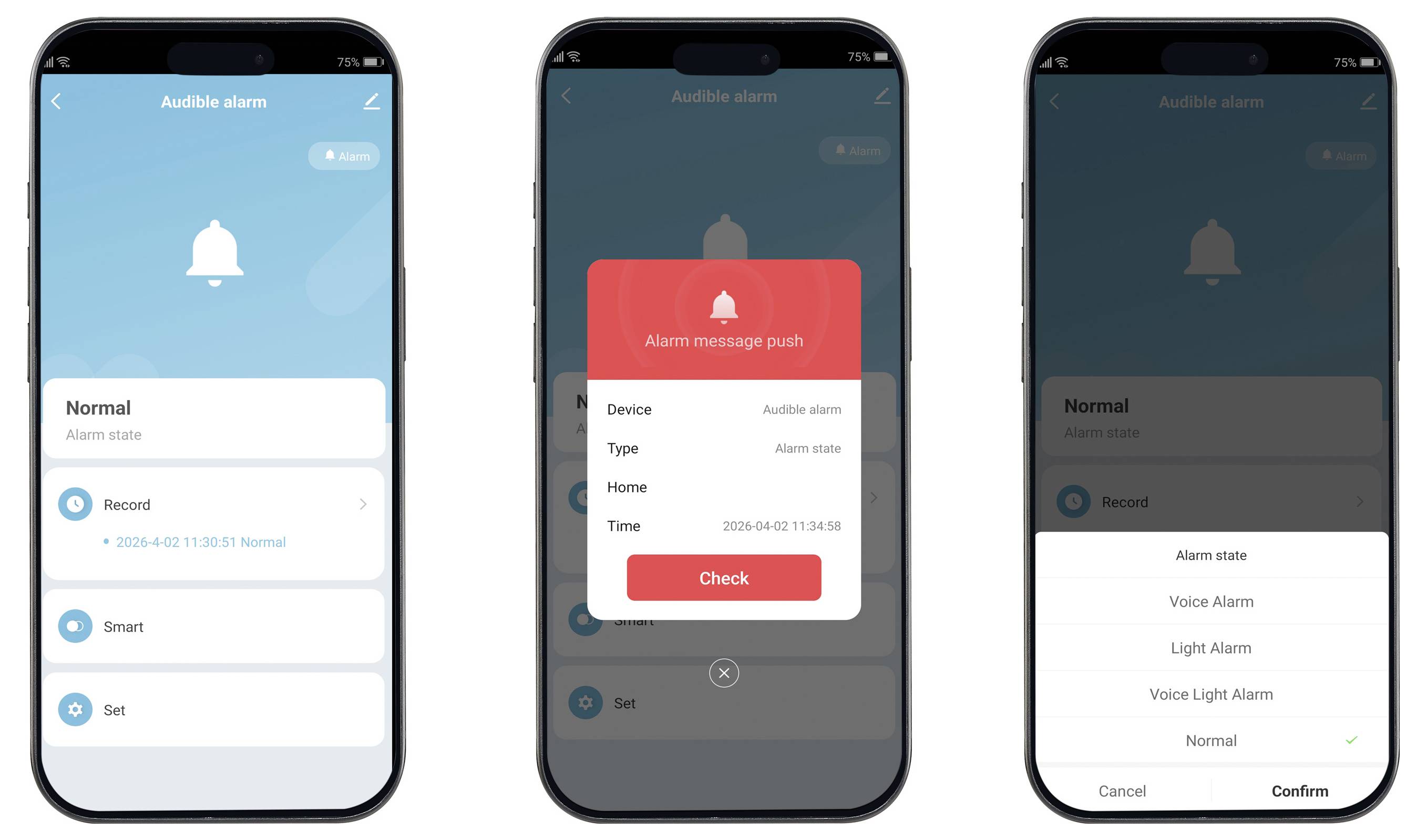 Drie schermen van een smartphoneapp voor een instelling voor 'Hoorbaar alarm': normale statuslijst, een alarmpopup en een onderkantmenu om het alarmtype te kiezen.
