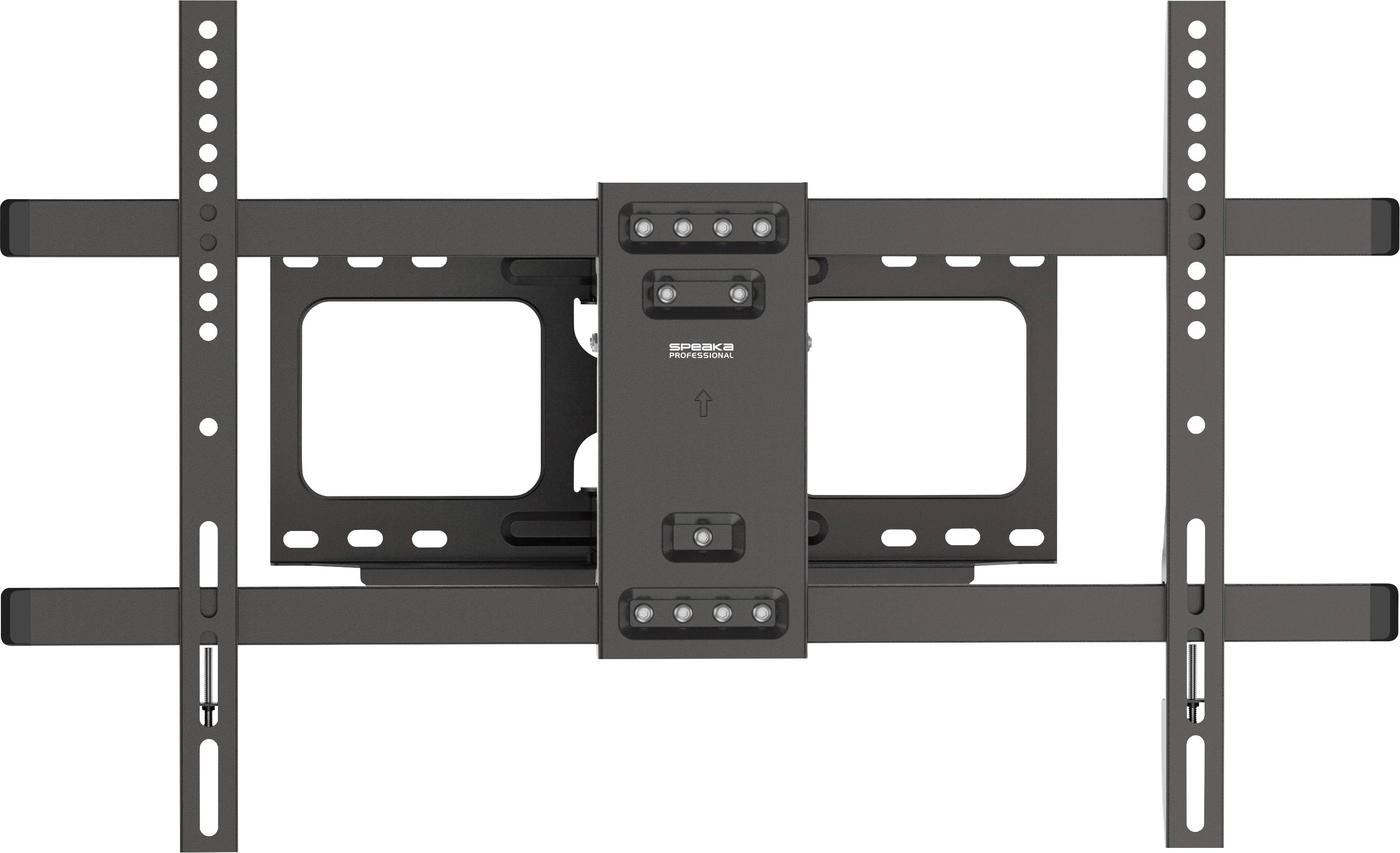 Verstelbare wandbevestigingsbeugel voor televisies met verticale rails, montageplaatje en horizontale steunstaven voor flat-screen-installatie.