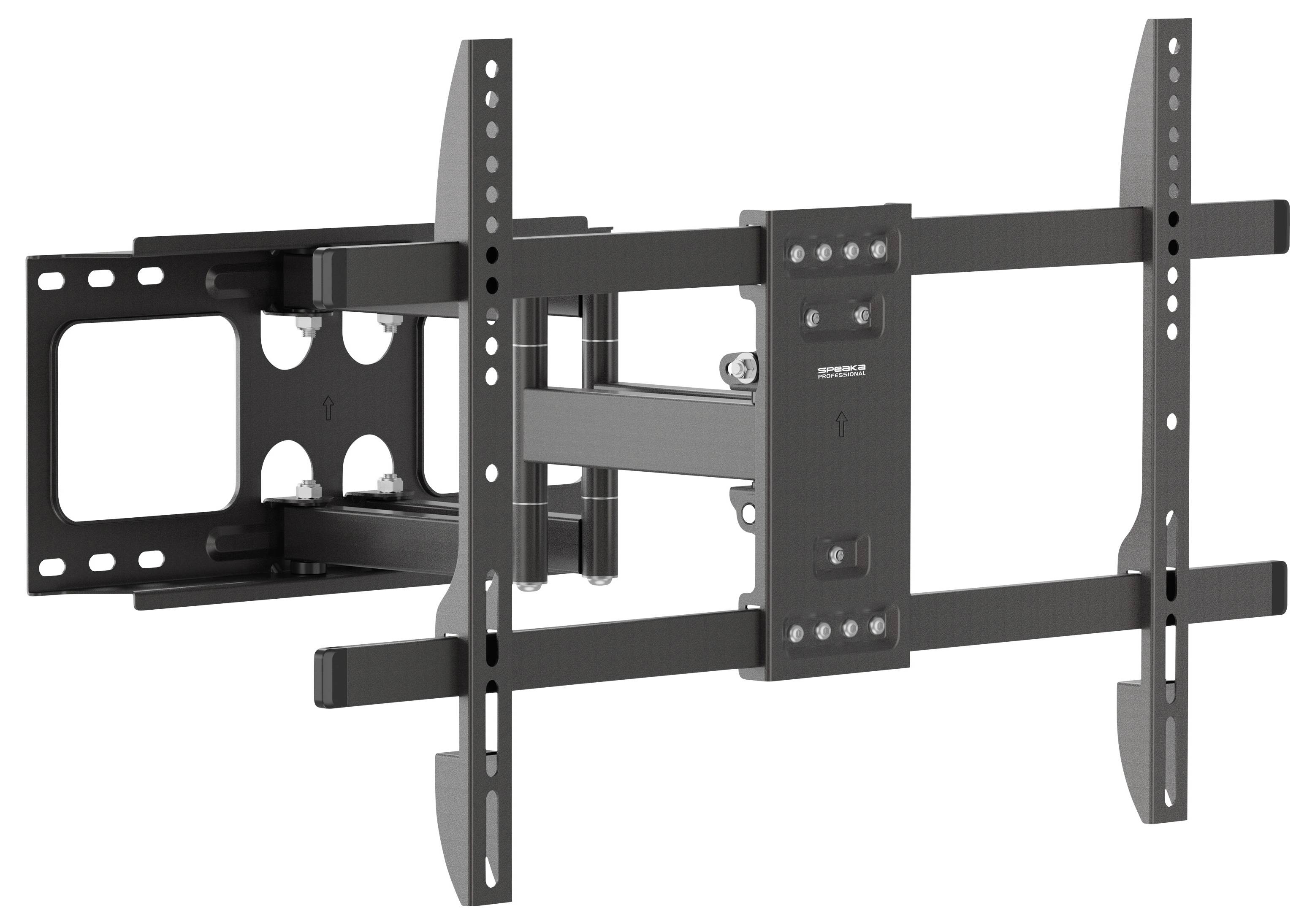 Verstelbare TV-wandbeugel met uitschuifbare armen en verticale rails voor het bevestigen en positioneren van een flatscreen-tv.