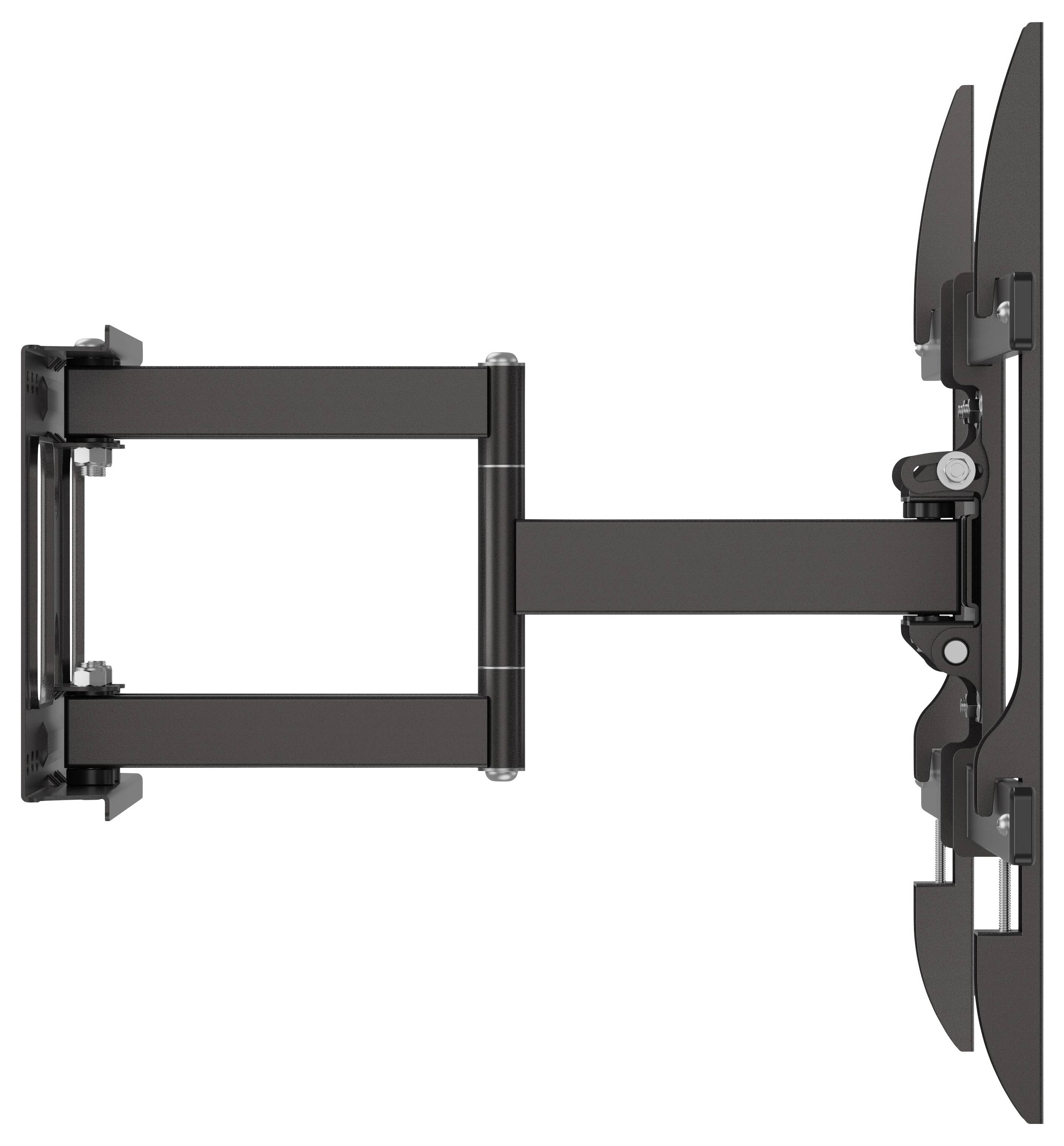 Zijkant van een tv-wandbeugel met twee armen en articulatie, met uitgestrekte beugels om een flatscreen-scherm vast te houden.