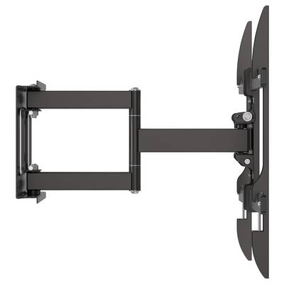 Zijkant van een tv-wandbeugel met twee armen en articulatie, met uitgestrekte beugels om een flatscreen-scherm vast te houden.