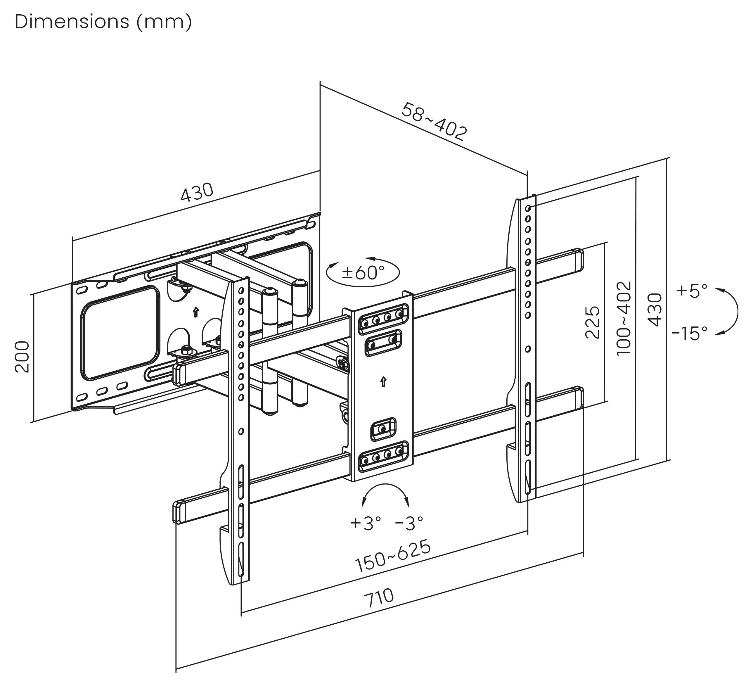 Technische tekening van een tv-wandbeugel met verstelbare arm en afmetingen, met aangegeven kantel- en zwaaibereiken en afstand tussen montagehatten.