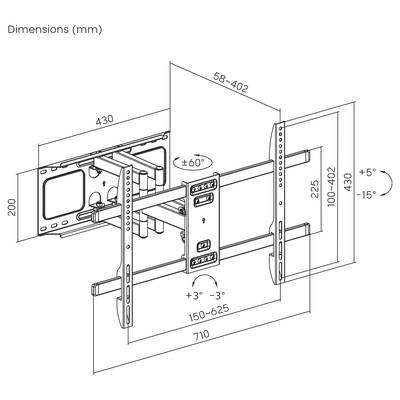 Technische tekening van een tv-wandbeugel met verstelbare arm en afmetingen, met aangegeven kantel- en zwaaibereiken en afstand tussen montagehatten.