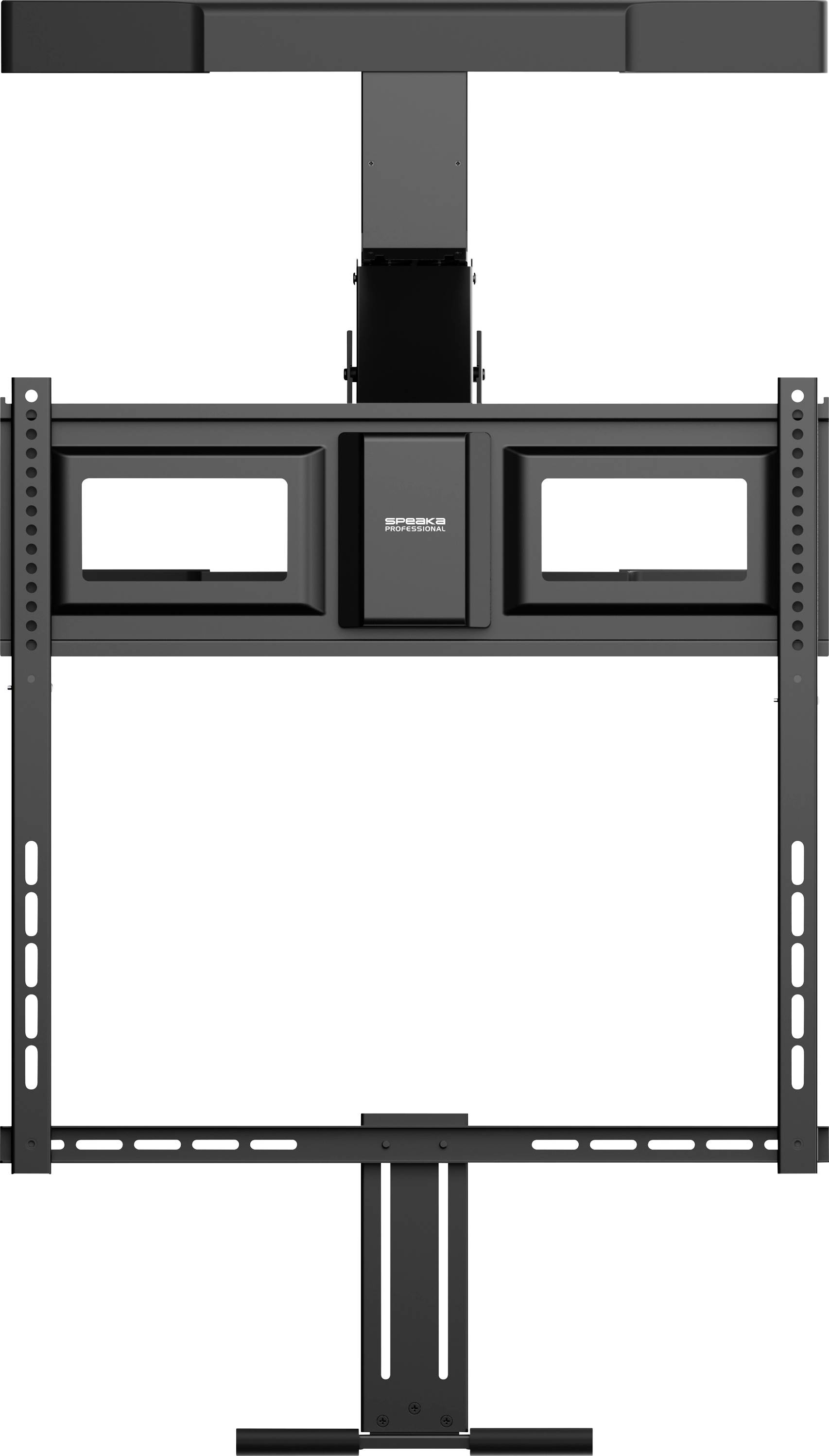Aan de muur gemonteerde TV-beugel met lange verticale steunrails en een centraalgelegen montageplaat voor een groot flatscreen-display.