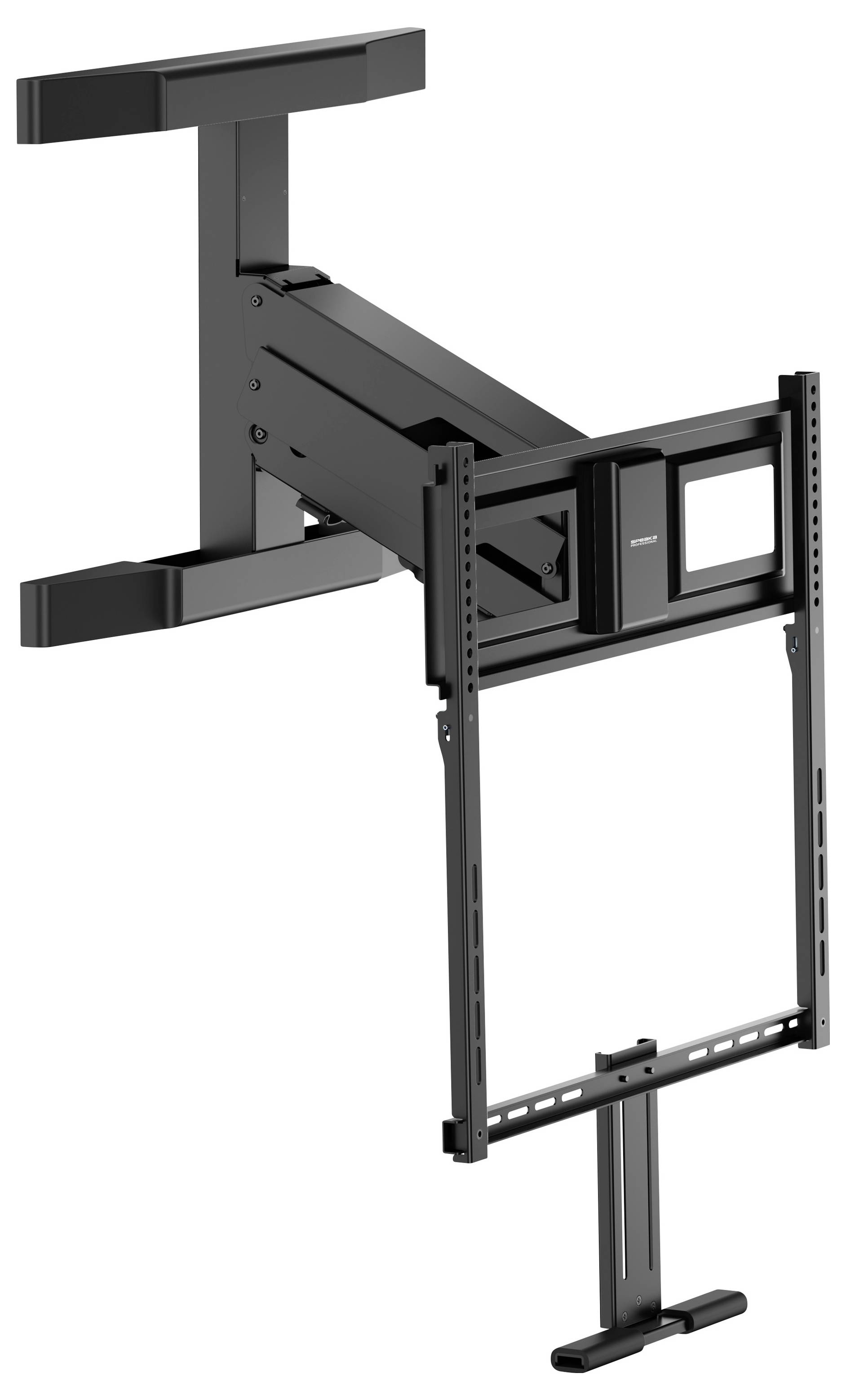 Zwart draaibare TV-wandbeugel met uitschuifbare arm en verticale ondersteuningsframe voor flatscreen-installatie.
