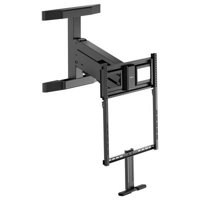 Zwart draaibare TV-wandbeugel met uitschuifbare arm en verticale ondersteuningsframe voor flatscreen-installatie.
