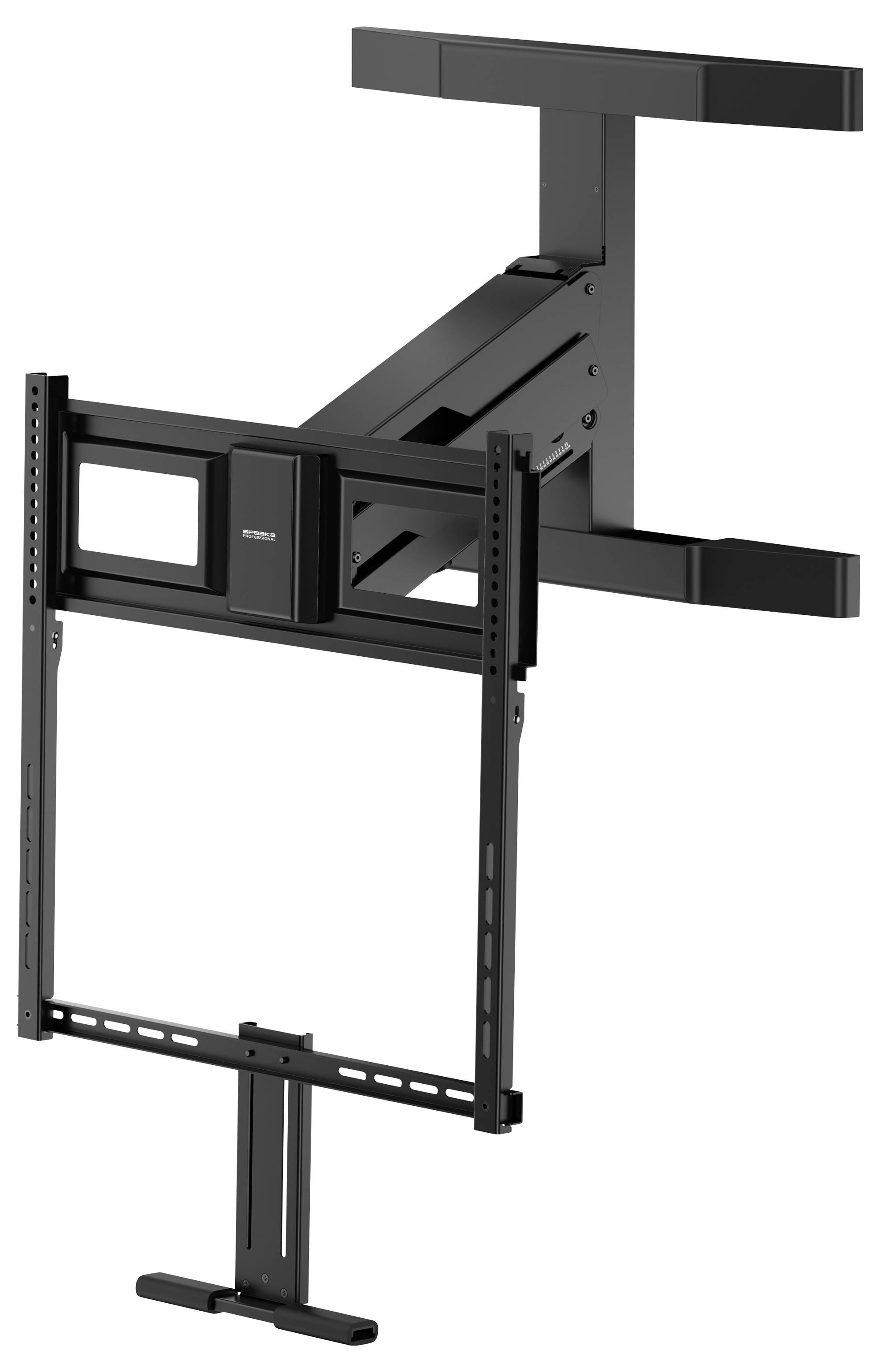 Zwart gemotoriseerde plafond-tv-beugel met verstelbare verticale beugel en frame voor een flat-screen display.