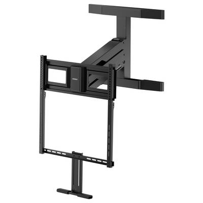 Zwart gemotoriseerde plafond-tv-beugel met verstelbare verticale beugel en frame voor een flat-screen display.