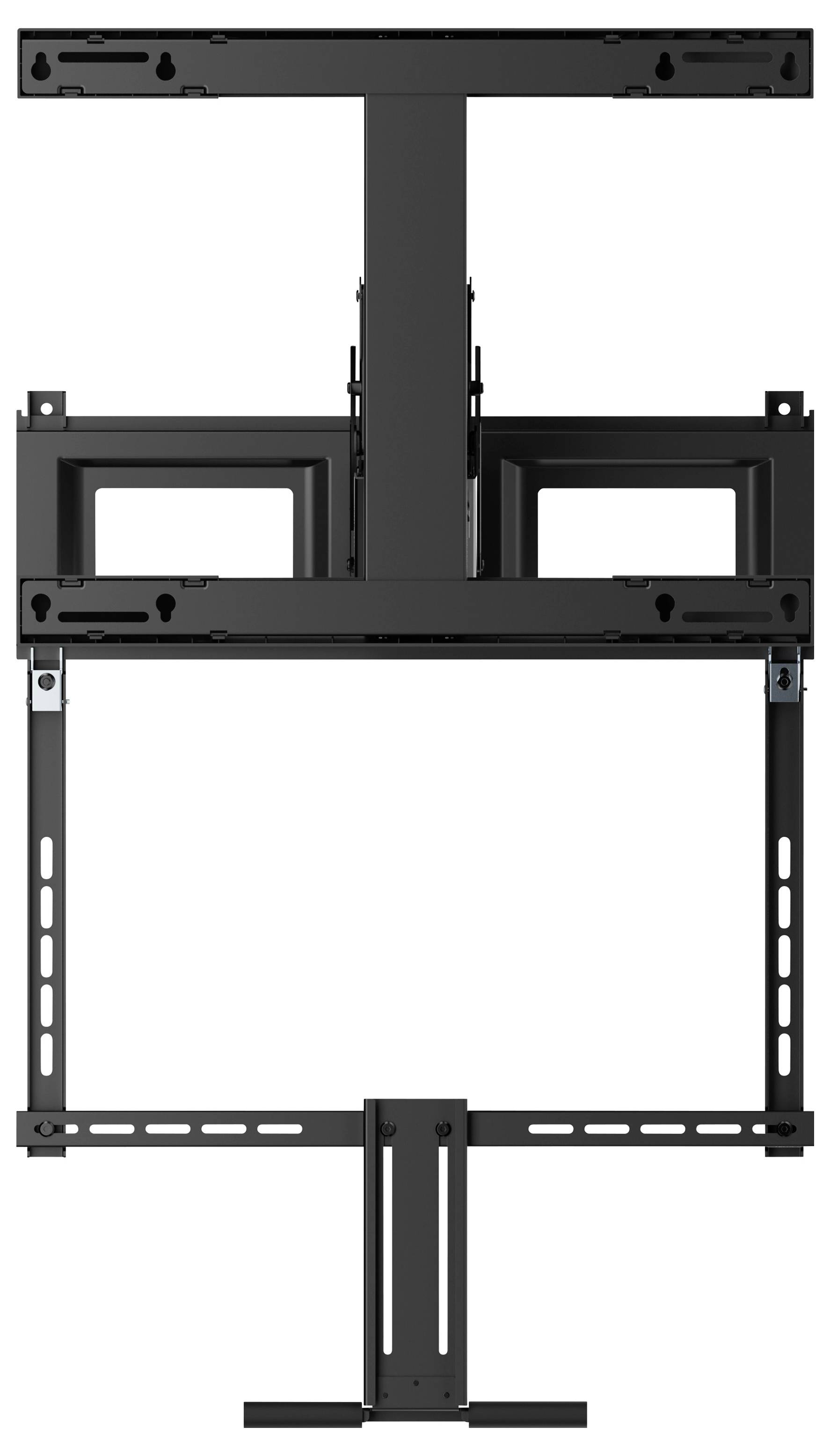 Zwart verstelbare aan het plafond gemonteerde TV-beugel met verticale steunarm en hangframe voor een flat-screen display.