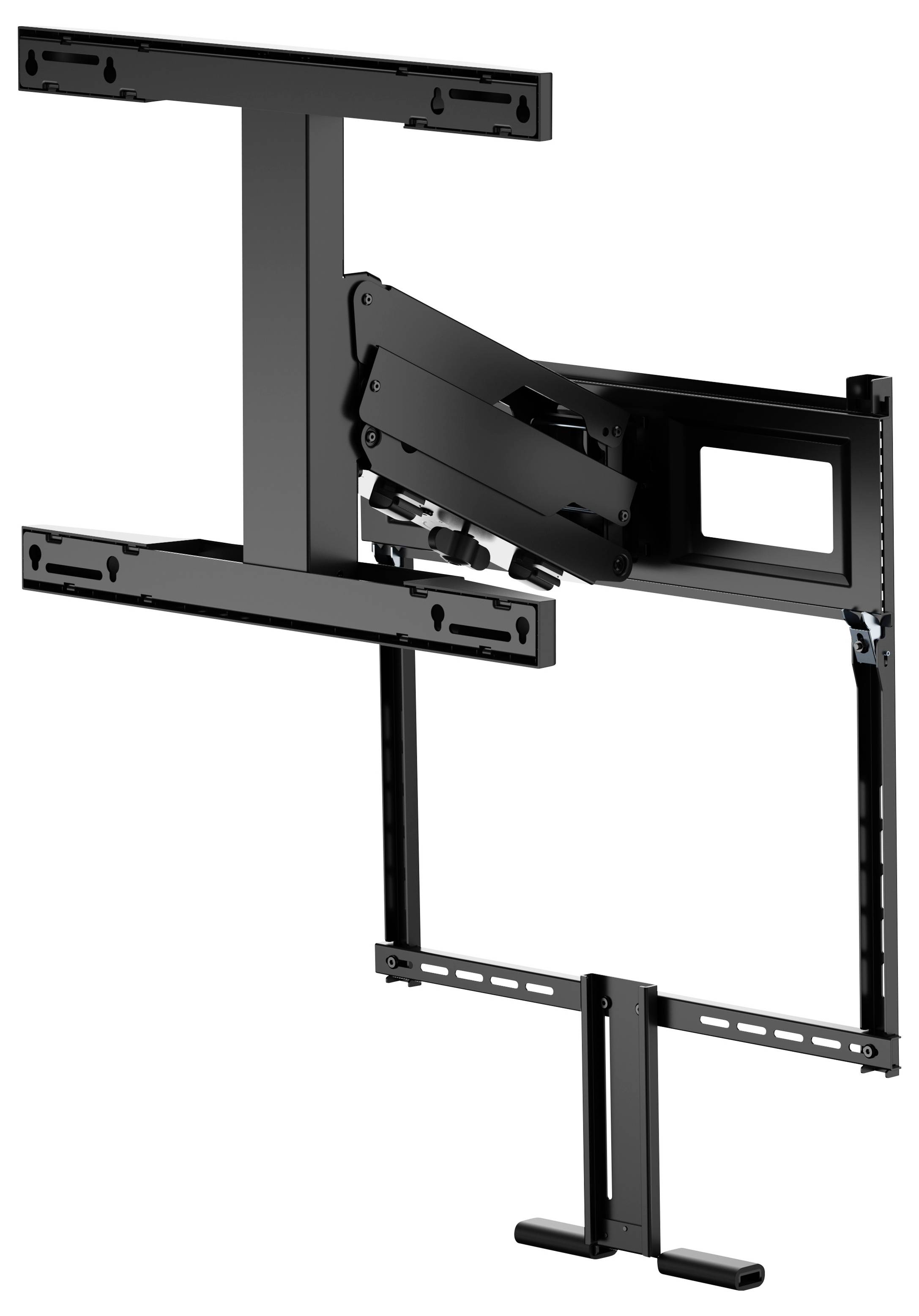 Zwart verstelbaar TV-wandmontagebeugel met artikulerende arm en verticale ondersteuningsrails op een witte achtergrond.