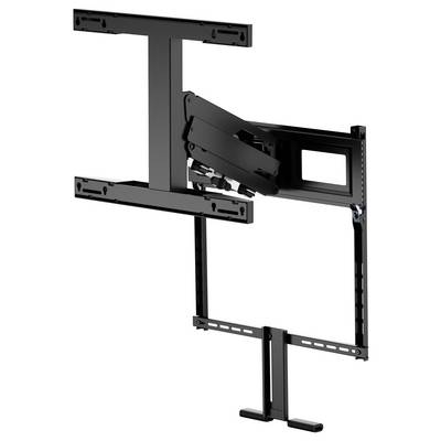 Zwart verstelbaar TV-wandmontagebeugel met artikulerende arm en verticale ondersteuningsrails op een witte achtergrond.
