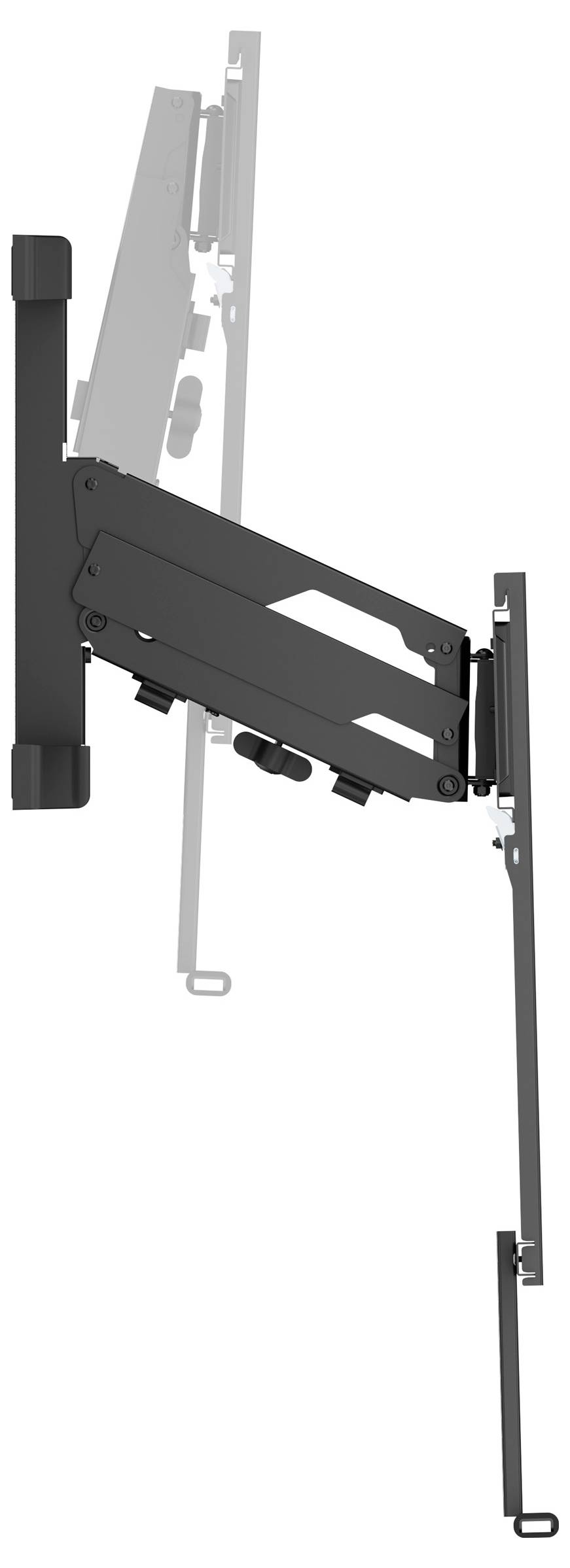 Zijkant van een aan de muur gemonteerde opvouwbare beugel of scharnieringsmechanisme, getoond in een gedeeltelijk geopende positie met zwarte en grijze steunarmem bevestigd aan verticale rails.