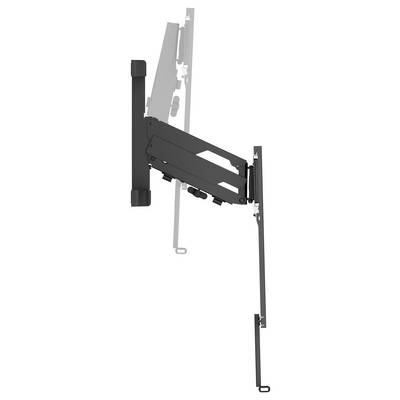 Zijkant van een aan de muur gemonteerde opvouwbare beugel of scharnieringsmechanisme, getoond in een gedeeltelijk geopende positie met zwarte en grijze steunarmem bevestigd aan verticale rails.