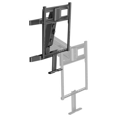 Aan de muur bevestigde TV-beugel in een uitgestrekte, artikulerende positie, met een vervagde contour die de gevouwen of alternatieve positie aangeeft.