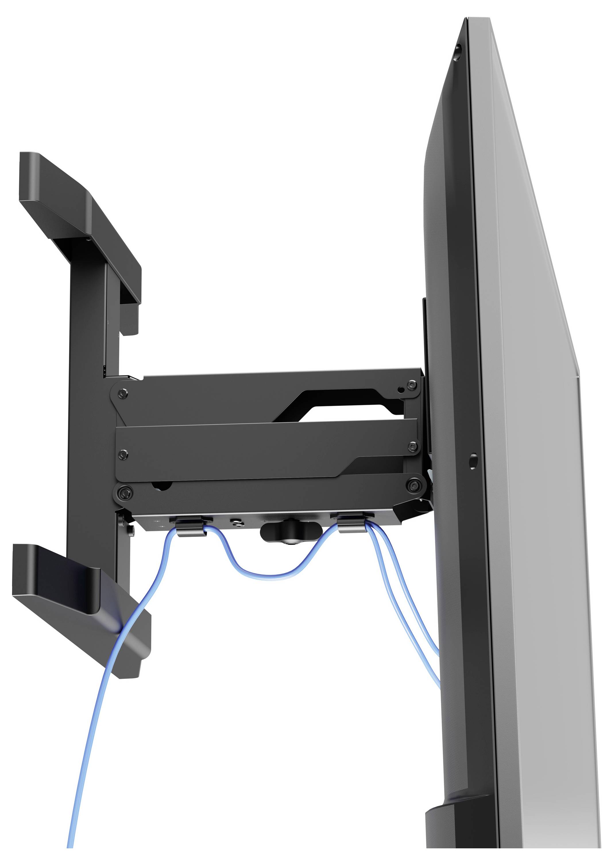 Zijaanzicht van een aan de muur bevestigde tv-beugel die een flatscreen televisie vasthoudt met blauwe kabels die eronder hangen.