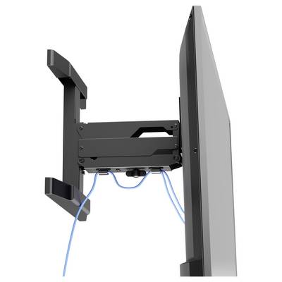 Zijaanzicht van een aan de muur bevestigde tv-beugel die een flatscreen televisie vasthoudt met blauwe kabels die eronder hangen.