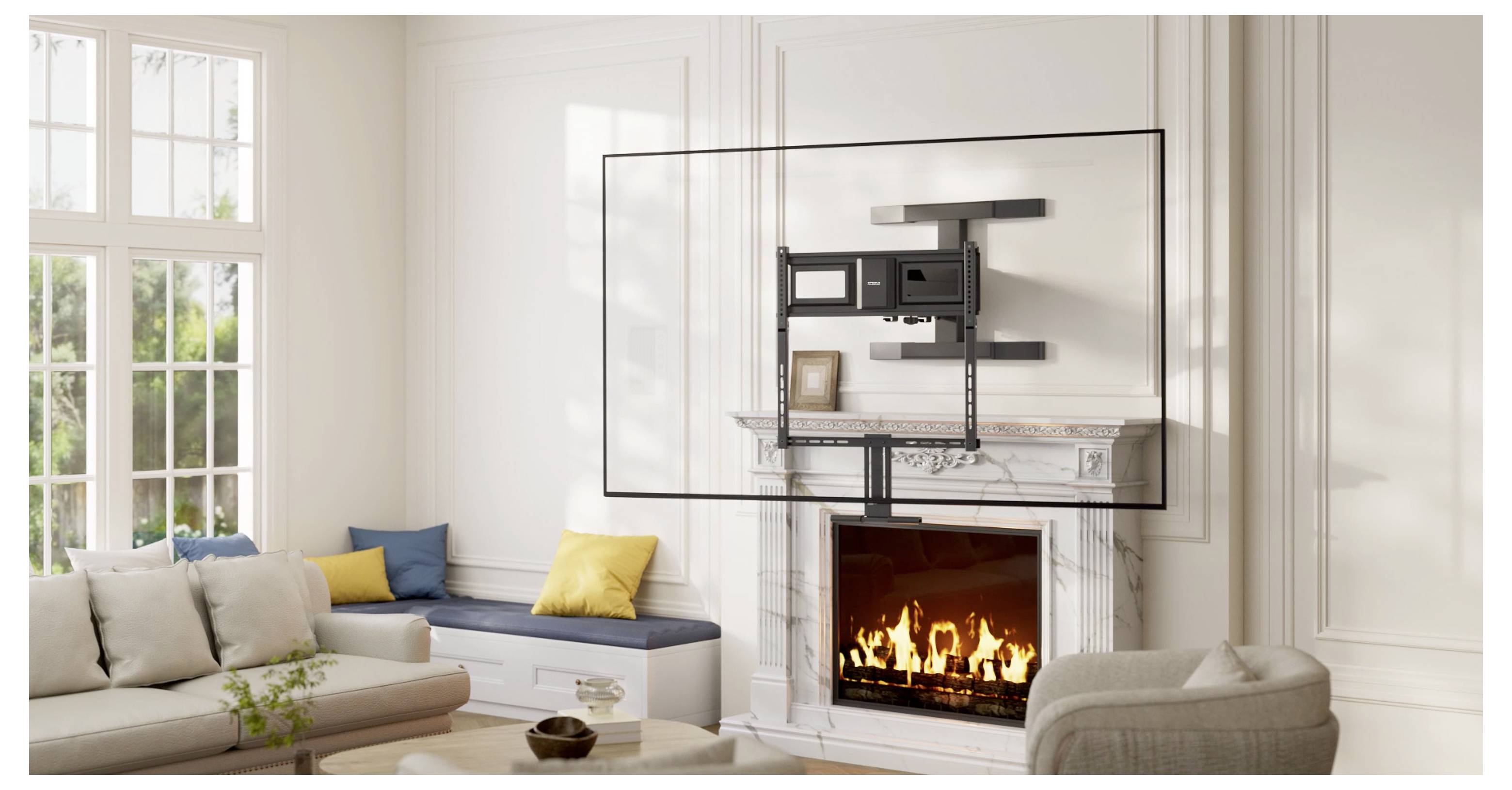 Woonkamer met een aan de muur gemonteerde TV-beugel gecentreerd boven een verlichte open haard, met een TV-installatiesetup in een helder modern huis.