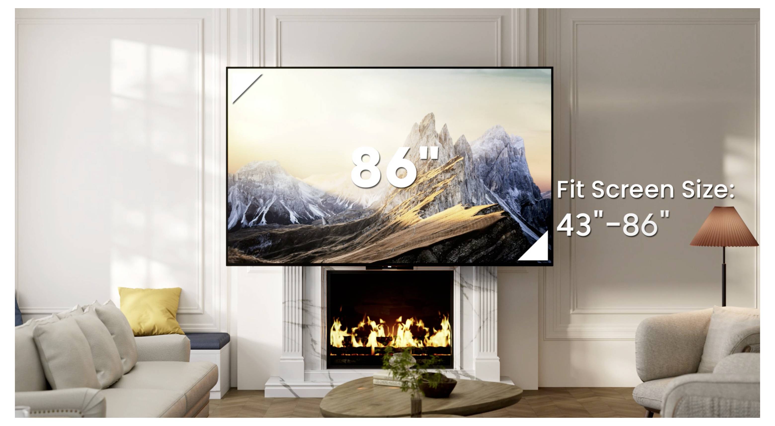 Woonkamer met een aan de muur gemonteerde televisie boven een open haard, met '86' en de tekst 'Fit Screen Size: 43''-86''' om de aanbevolen televisiegrootte aan te geven.