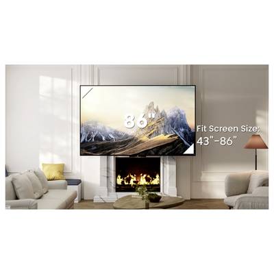 Woonkamer met een aan de muur gemonteerde televisie boven een open haard, met '86' en de tekst 'Fit Screen Size: 43''-86''' om de aanbevolen televisiegrootte aan te geven.