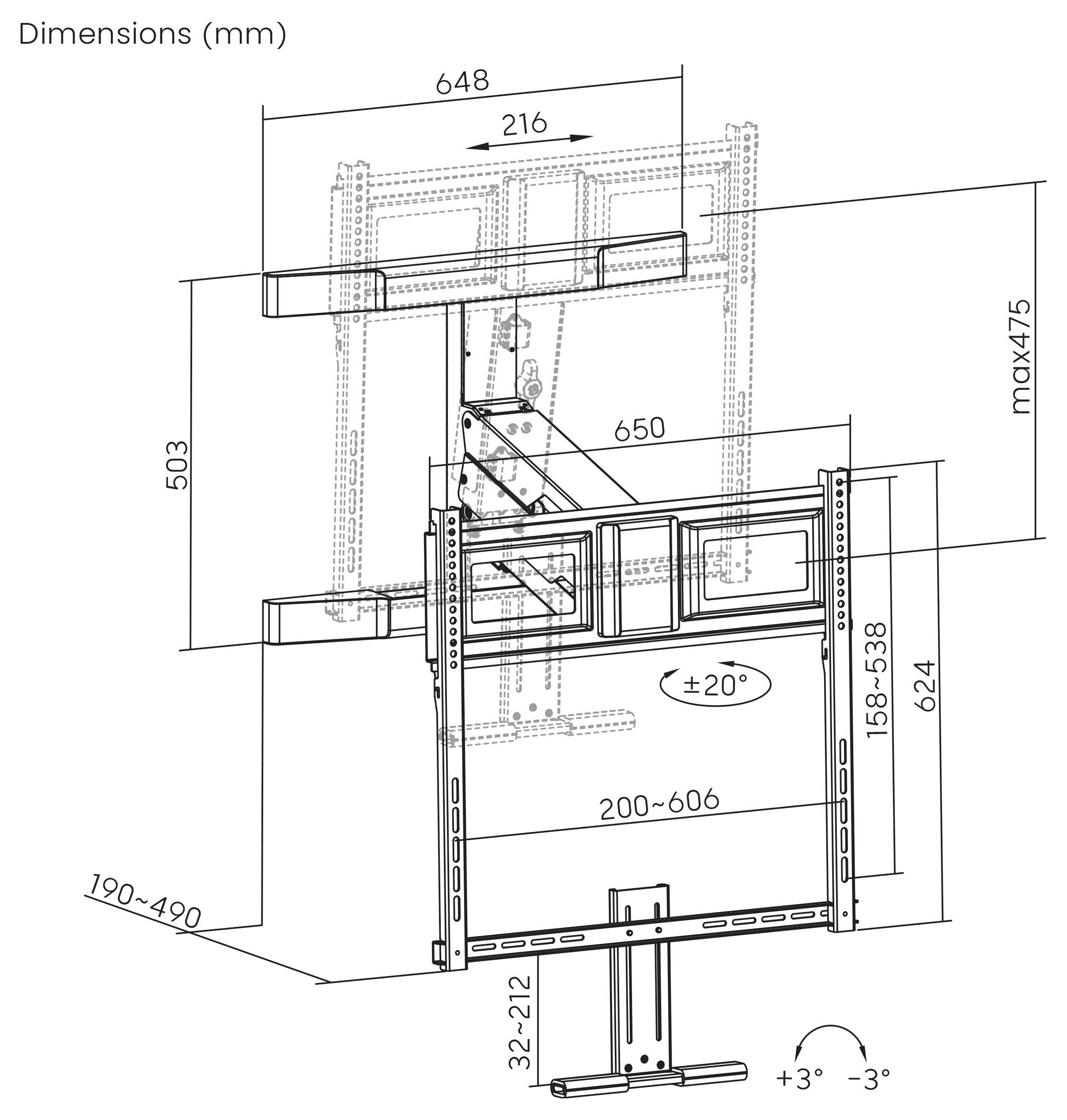 Technische dimensionendiagram van een TV-wandbeugel met instelbare beugelposities en afmetingen in mm, inclusief kantelingsreeks ±20° en aanpassingsvermogen van 3°.