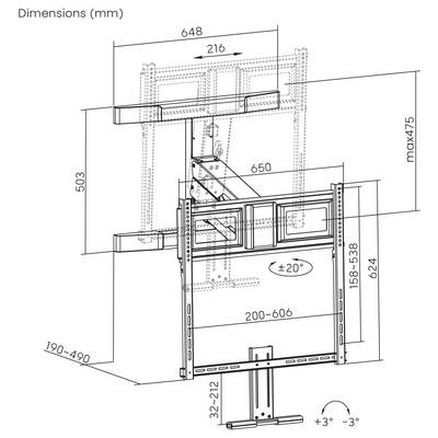 Technische dimensionendiagram van een TV-wandbeugel met instelbare beugelposities en afmetingen in mm, inclusief kantelingsreeks ±20° en aanpassingsvermogen van 3°.