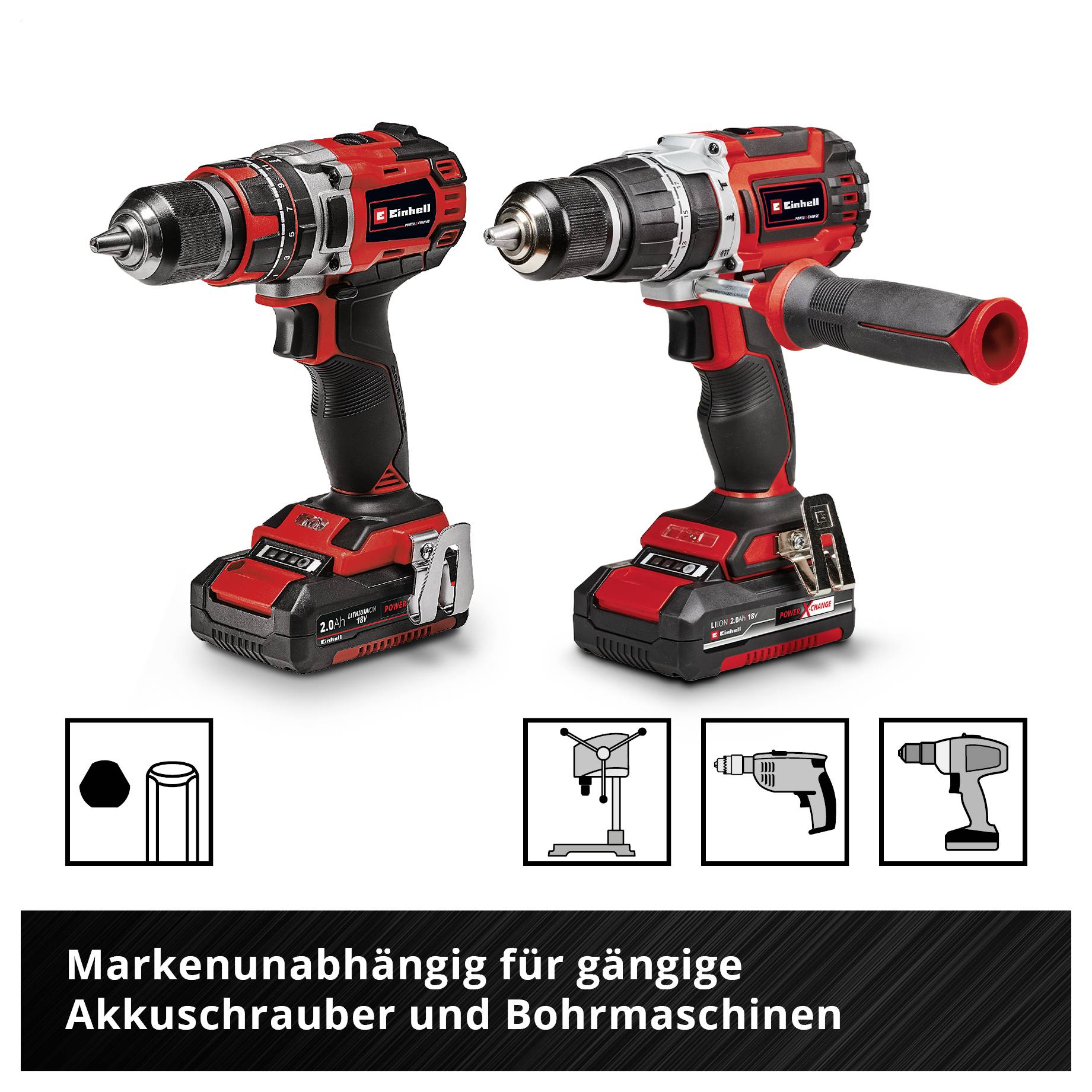 Advertentie voor merkloze accessoires voor gangbare accu-schroefboormachines en boormachines, met twee accu-gereedschappen en symbolen voor verschillende apparaten.