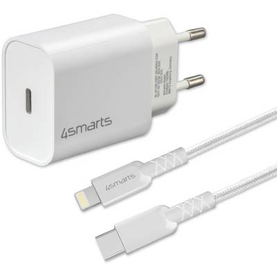 Witte 4smarts USB-wandlader met Europese stekker en twee gevlochten oplaadkabels: Lightning- en USB-C-aansluitingen
