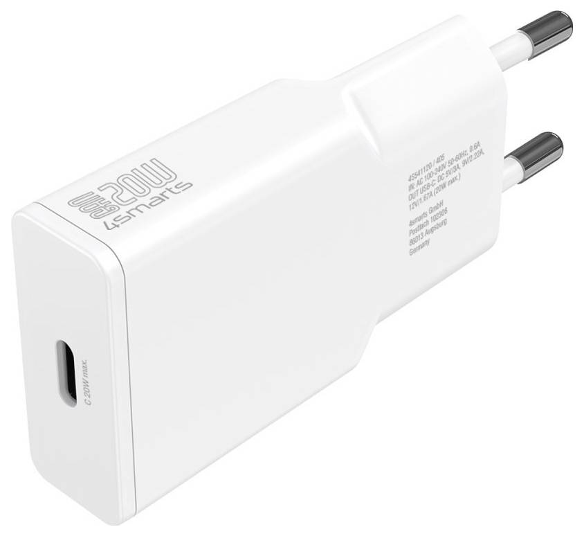 Witte USB-C wandlader met Europese stekkerpennen en een enkele USB-C-poort, gelabeld 20W van ksmarts.