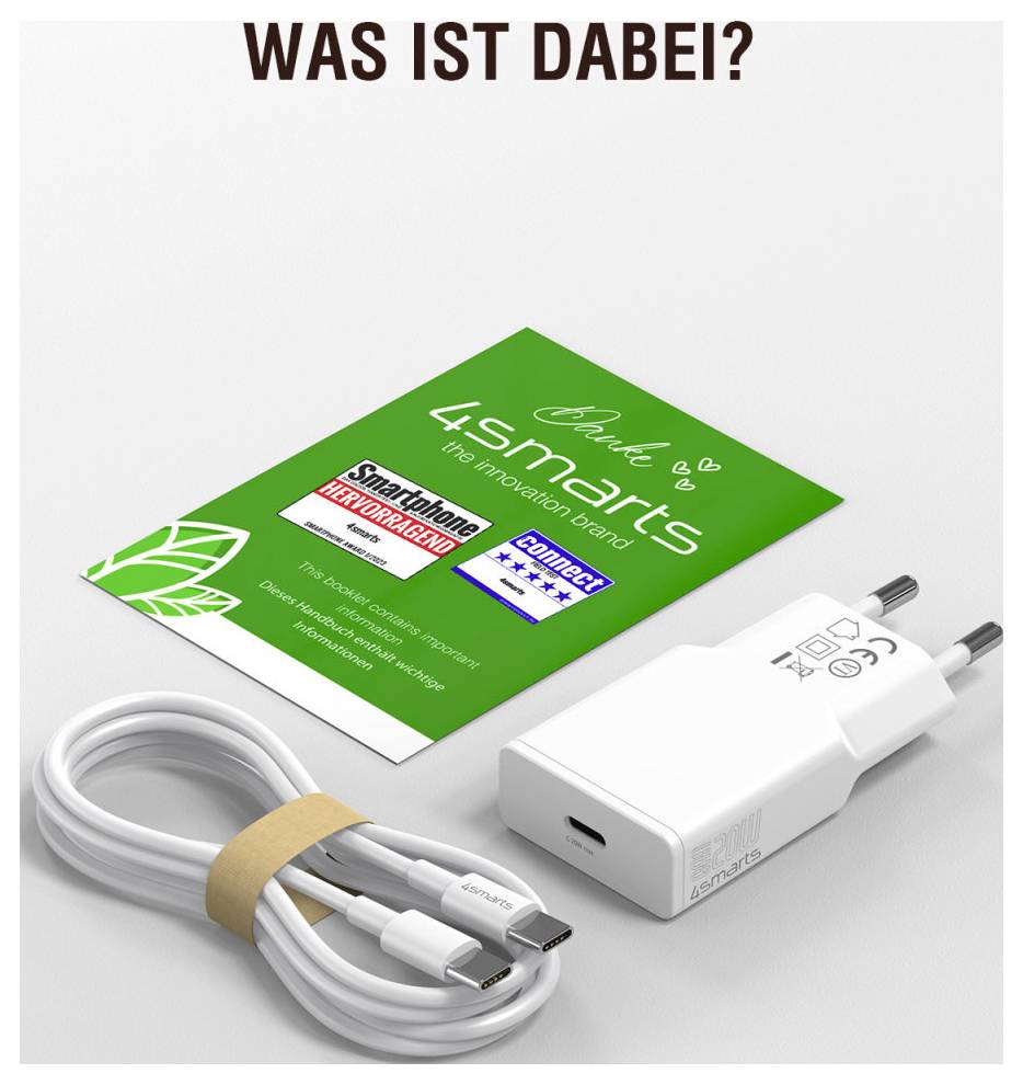 Promotieproductafbeelding met een groene 4smarts-oplaadkaart, een witte USB-wandlader en een opgerolde kabel met adapterpunten.