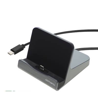 USB-C oplaaddock met een zwarte smartphone rechtop rustend op een L.Smarts stand, met kabel aangesloten op een witte achtergrond