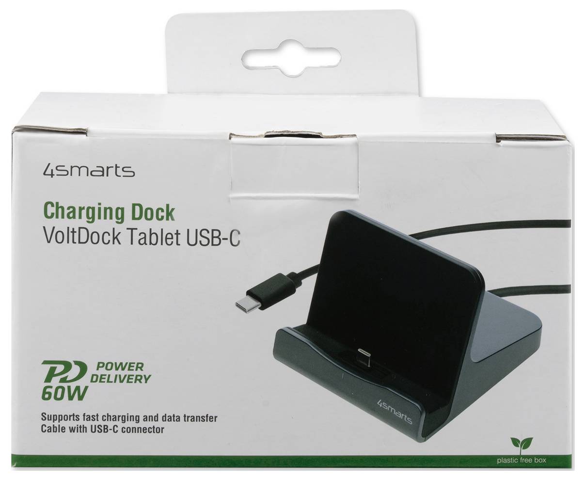 Doos voor 4smarts VoltDock tablet USB-C laadstation, met een tabletstandaard met USB-C-kabel en ondersteuning voor 'Power Delivery 60W'.