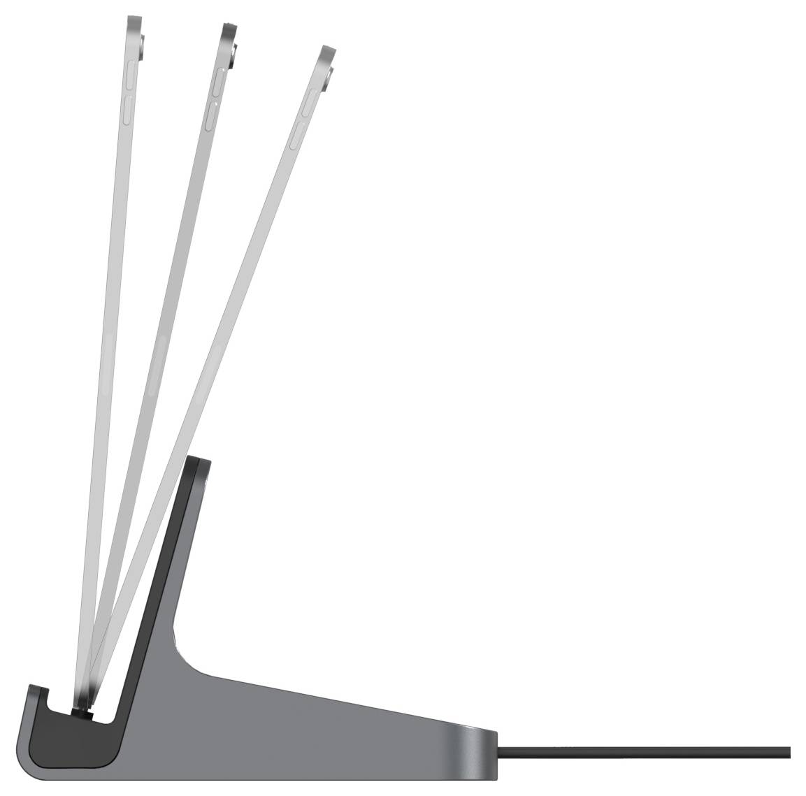 Zijkant van een tablethoesje/standaard met drie verstelbare kijkhoeken, met een tablet in een schuine positie weergegeven.