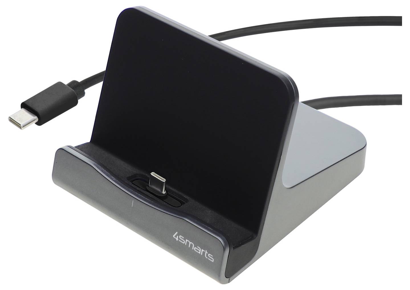Zwart 4smarts oplaadstation met USB-C-kabel en telefoonstandaard op een witte achtergrond.