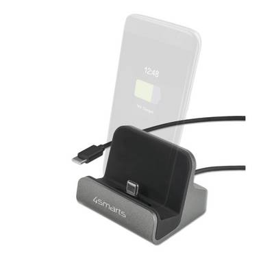 Zwarte 4smarts laadstation met USB-C-kabel die een smartphone rechtop in de houder laadt, waarbij de batterijstatus op het scherm wordt weergegeven.