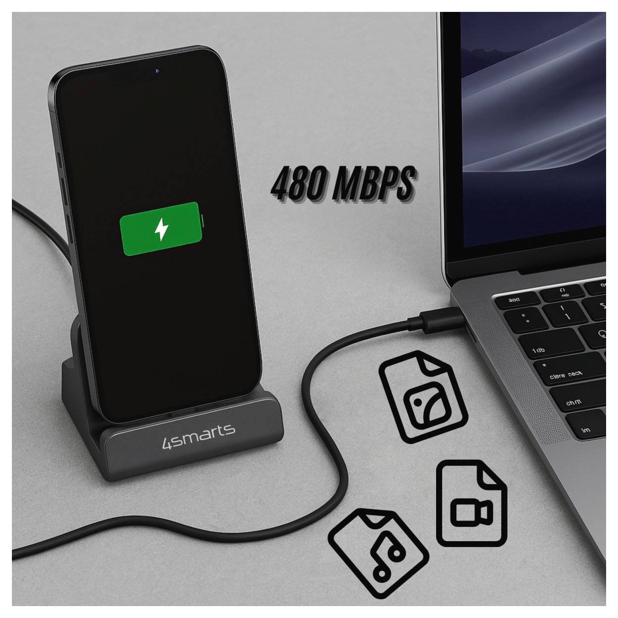 Smartphone opladen op een 4smarts dock verbonden met een laptop, met '480 MBPS' die snelle gegevensoverdracht aangeeft en bestandspictogrammen voor media-delen.