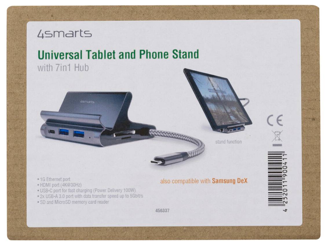 Verpakking voor 4smarts 'Universal Tablet and Phone Stand' met 7-in-1 hub, met afbeelding van de standaard, verbonden kabel, gekoppeld apparaat en functie-pictogrammen.