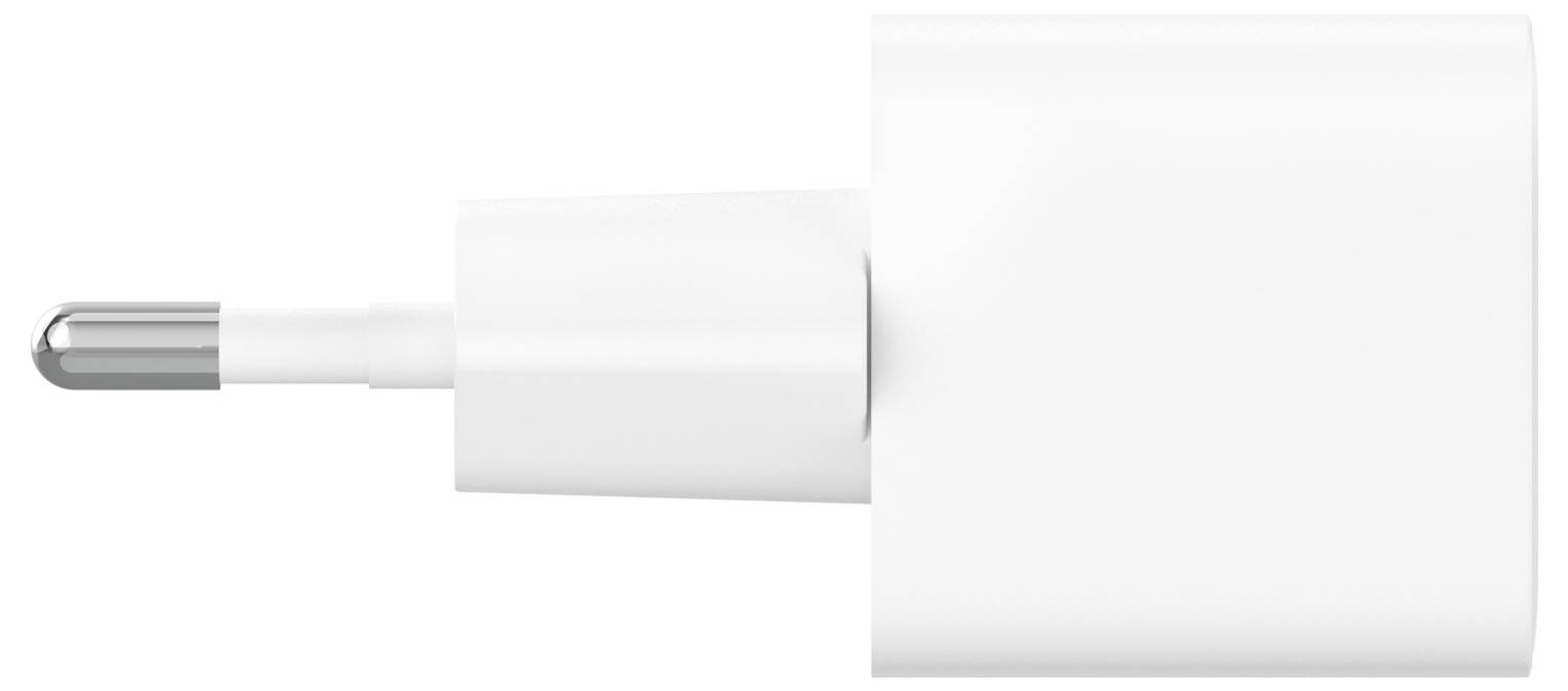 Witte cilindrische stekker voor voeding of adapter-kabelconnector met metallische tip op een effen witte achtergrond.