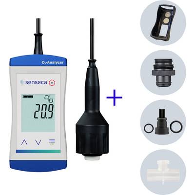 Draagbare Senseca O2-Analyzer met probe en inbegrepen accessoires: houder, schroefdraadadapter, O-ring koppelingen en T-connector.