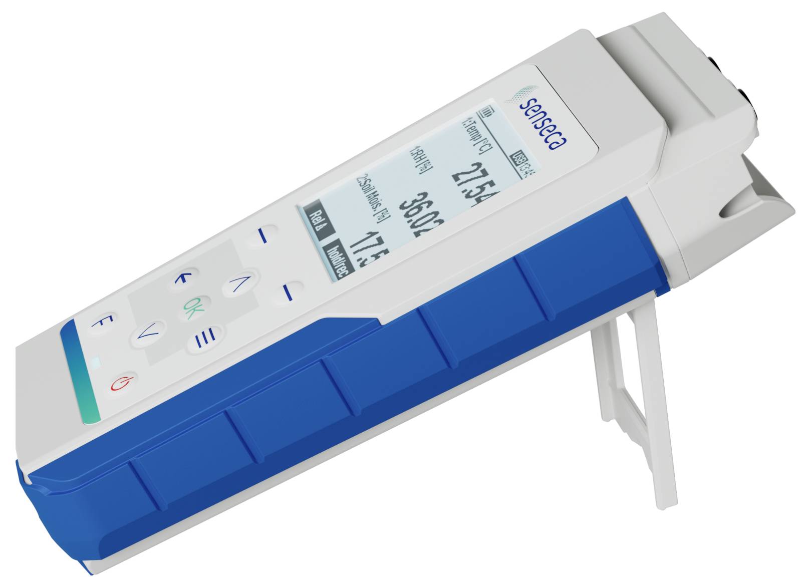 Een handheld digitale bloedglucosemeter met een blauw-wit lichaam, gekanteld op een klein standaard, toont een glucosewaarde op het scherm.